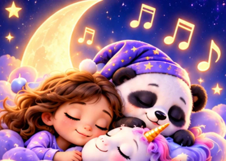 Ein schlafendes Mädchen, Paco und ein kleines Einhorn kuscheln unter dem Mond, darüber schweben goldene Noten.