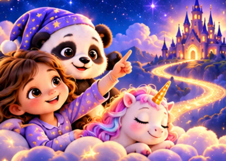 Ein Mädchen und Paco liegen auf einer Wolke und zeigen auf ein leuchtendes Sternenschloss, neben ihnen schläft ein kleines Einhorn.