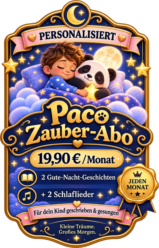 Pacos Zauber-Abo: ein schlafender Junge kuschelt mit Paco im Sternenhimmel · 19,90 € pro Monat · 2 Gute-Nacht-Geschichten + 2 Schlaflieder