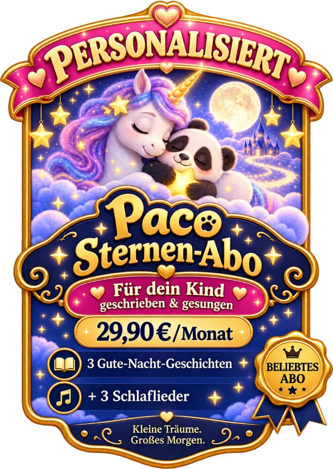 Pacos Sternen-Abo: ein Einhorn kuschelt mit Paco vor dem Traumschloss · 29,90 € pro Monat · 3 Gute-Nacht-Geschichten + 3 Schlaflieder