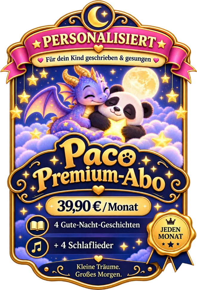 Pacos Premium-Abo: ein kleiner Drache kuschelt mit Paco auf einer Wolke · 39,90 € pro Monat · 4 Gute-Nacht-Geschichten + 4 Schlaflieder
