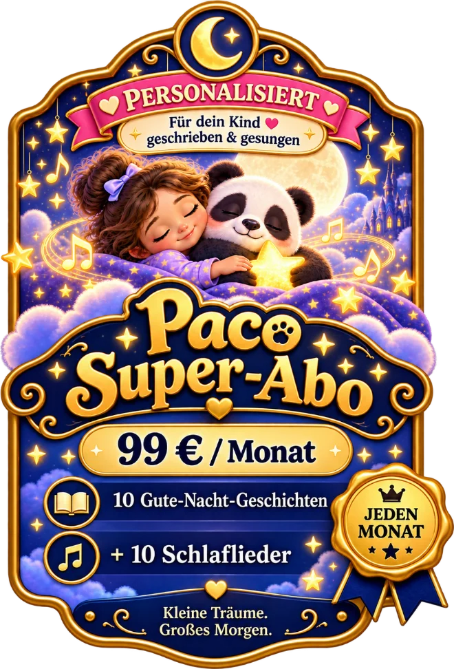 Pacos Super-Abo: ein schlafendes Mädchen kuschelt mit Paco zwischen Noten und Sternen · 99 € pro Monat · 10 Gute-Nacht-Geschichten + 10 Schlaflieder
