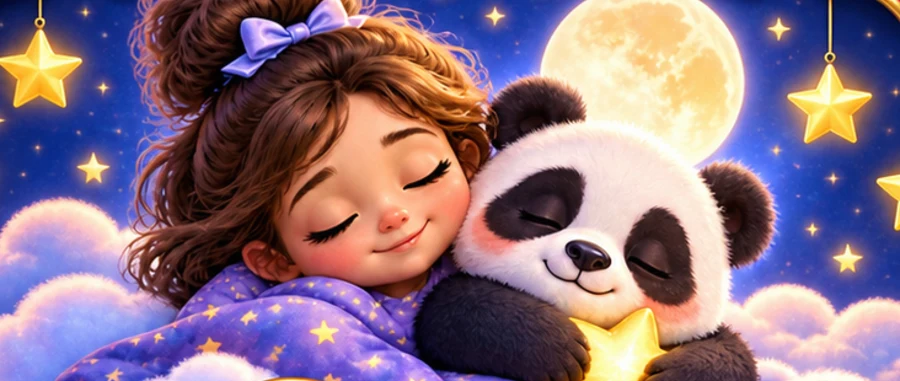 Ein schlafendes Mädchen kuschelt mit Paco unter dem Mond