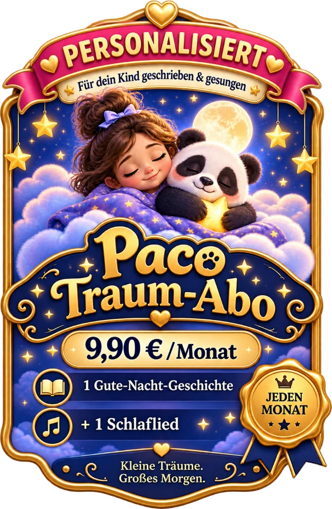Pacos Traum-Abo: ein schlafendes Mädchen kuschelt mit Paco im Sternenhimmel · 9,90 € pro Monat · 1 Gute-Nacht-Geschichte + 1 Schlaflied