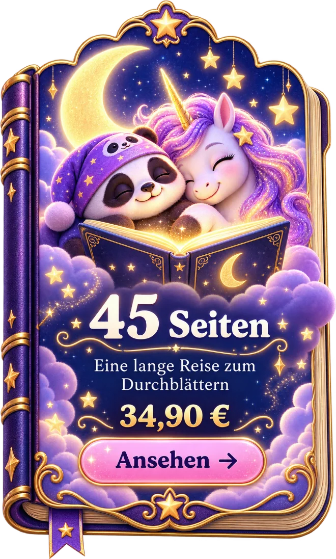 Ein leuchtendes Buch mit Paco und einem Einhorn auf einer Wolke – 45 Seiten, 34,90 Euro