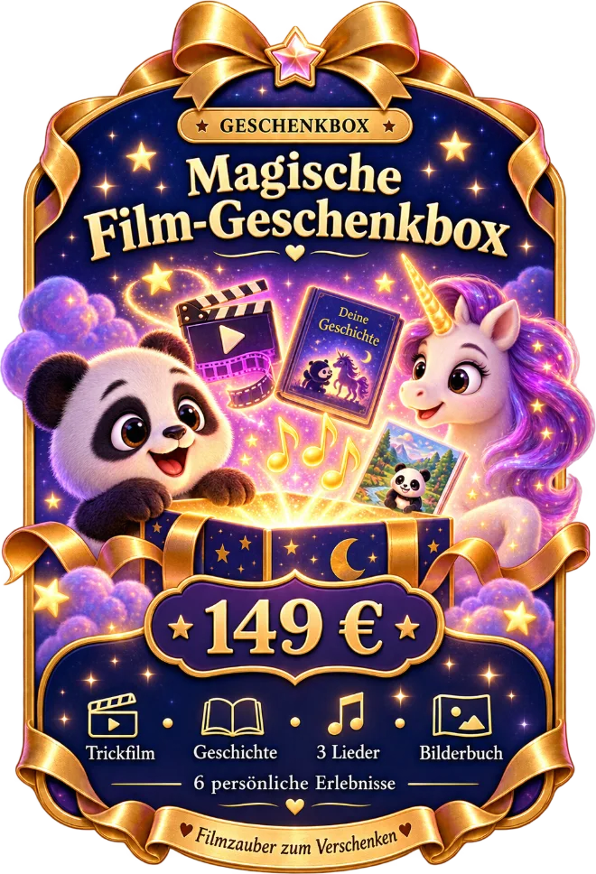 Eine leuchtende Geschenkbox mit Paco, Einhorn, Filmklappe, Buch und Noten – Magische Film-Geschenkbox, 149 Euro