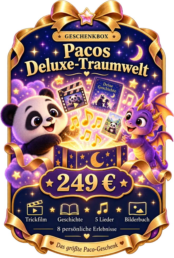 Eine leuchtende Geschenkbox mit Paco und einem Drachen, Film, Buch und Noten – Pacos Deluxe-Traumwelt, 249 Euro