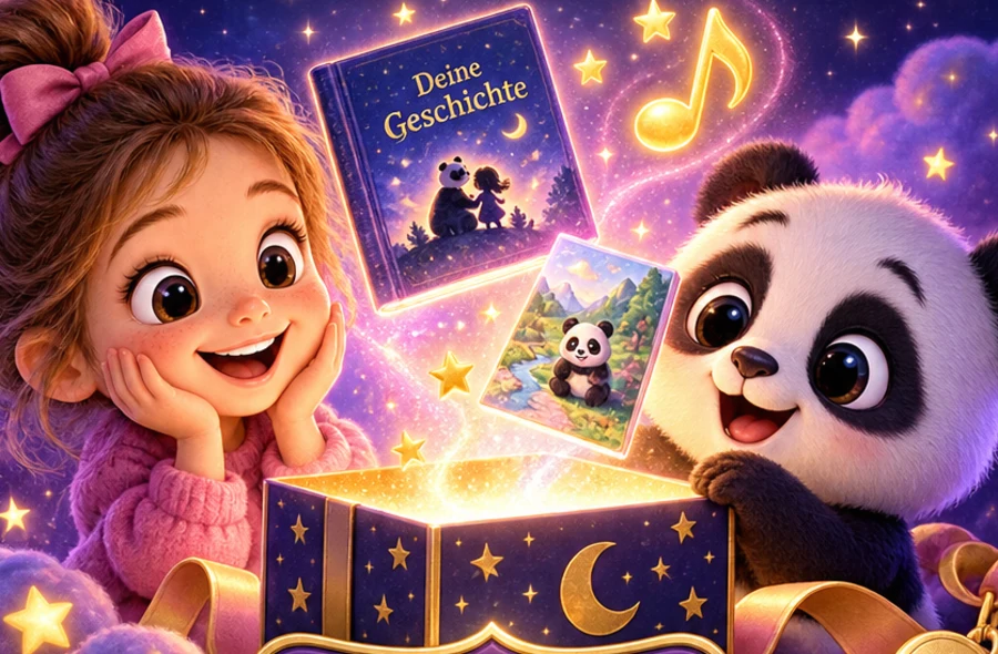 Paco und ein Mädchen an einer leuchtenden Geschenkbox, aus der Buch, Bild und eine Note schweben