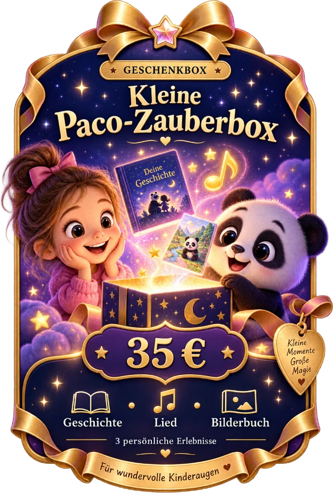 Eine leuchtende Geschenkbox mit Paco, einem Mädchen, Buch, Bild und Note – Kleine Paco-Zauberbox, 35 Euro