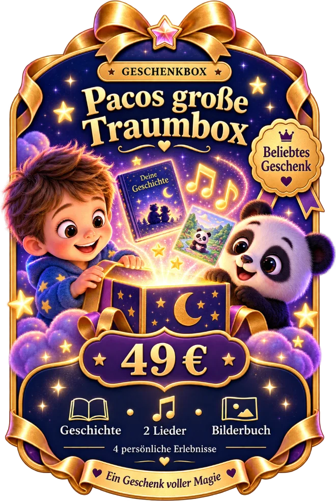 Eine leuchtende Geschenkbox mit Paco und einem Jungen – Pacos große Traumbox, beliebtes Geschenk, 49 Euro