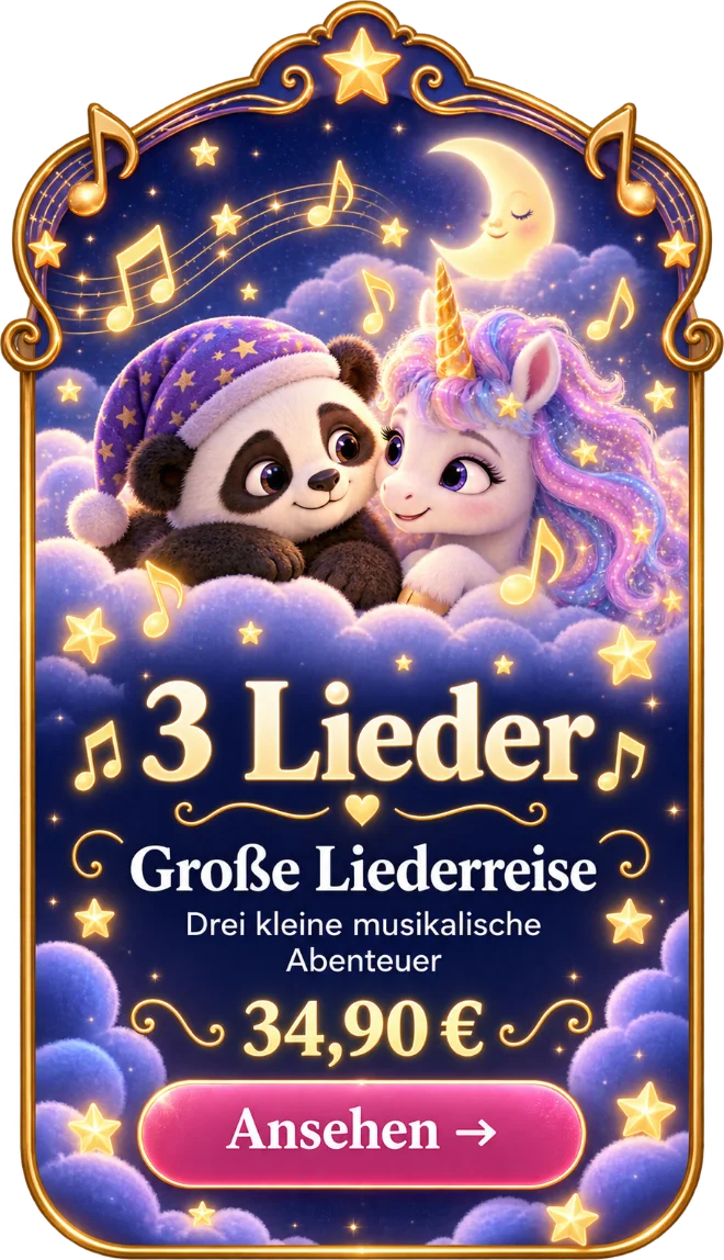 Paco singt mit einem Einhorn auf einer Wolke, goldene Noten schweben umher