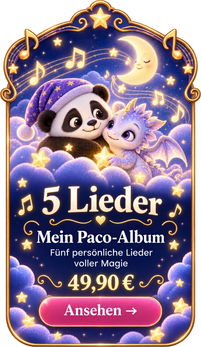 Paco singt mit einem kleinen Drachen auf einer Wolke, goldene Noten schweben umher