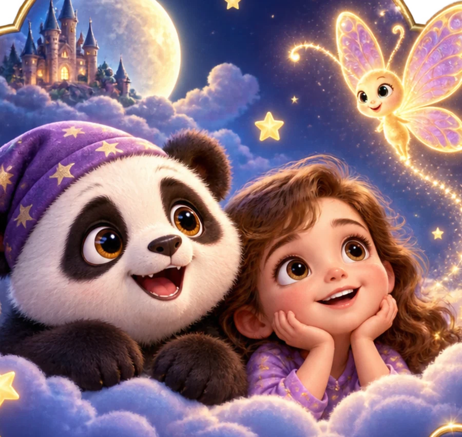 Paco und ein Mädchen träumen auf einer Wolke, eine Fee leuchtet am Himmel