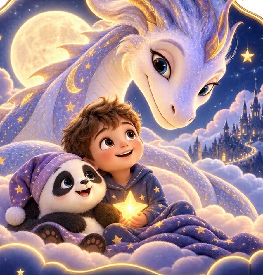 Paco und ein Junge mit einem großen Traumdrachen über den Wolken