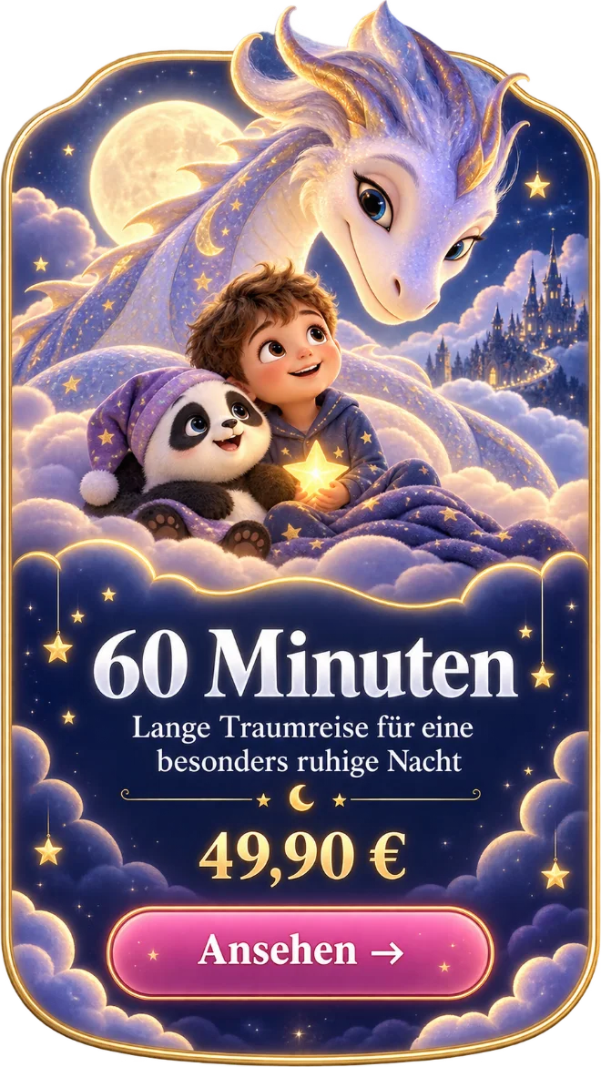Paco und ein Junge mit einem großen Traumdrachen über den Wolken