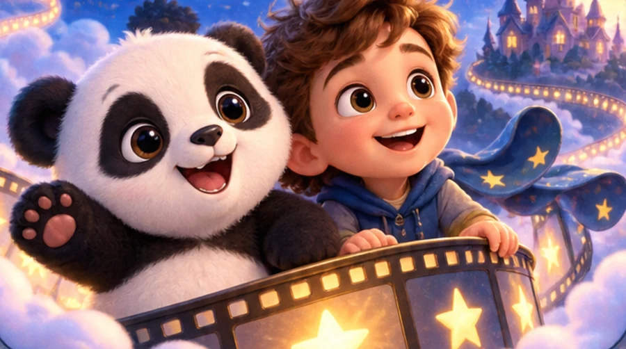 Paco und ein Junge fliegen auf einem leuchtenden Filmstreifen durch die Traumwelt
