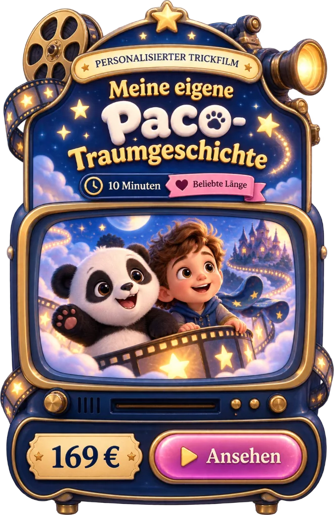 Ein Filmapparat zeigt Paco mit einem Jungen – Meine eigene Paco-Traumgeschichte, 10 Minuten, beliebte Länge, 169 Euro