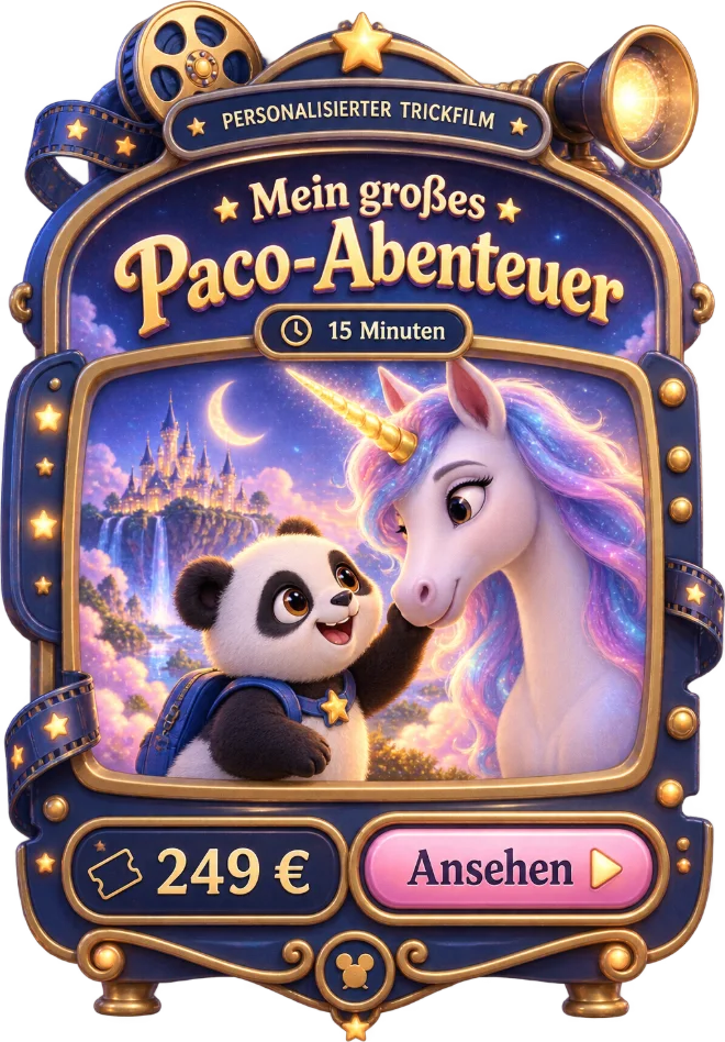 Ein Filmapparat zeigt Paco mit einem Einhorn – Mein großes Paco-Abenteuer, 15 Minuten, 249 Euro